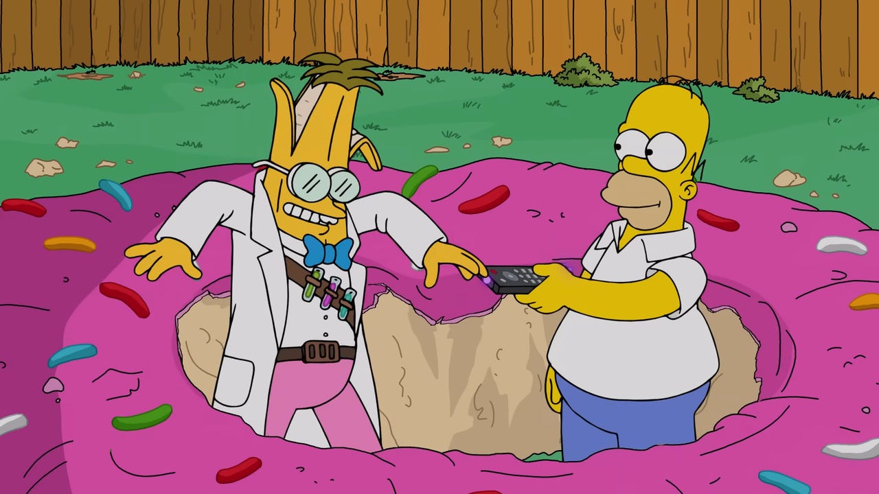 تازه‌ترین فیلم کوتاه The Simpsons Fortnite، بارش دونات‌های هومر را بر فراز اسپرینگفیلد به تصویر می‌کشد و پروفسور فرینک را به موز تبدیل می‌کند، در حالی که طرفداران دیرینه از احیای "Omniverse" به وجد می‌آیند.