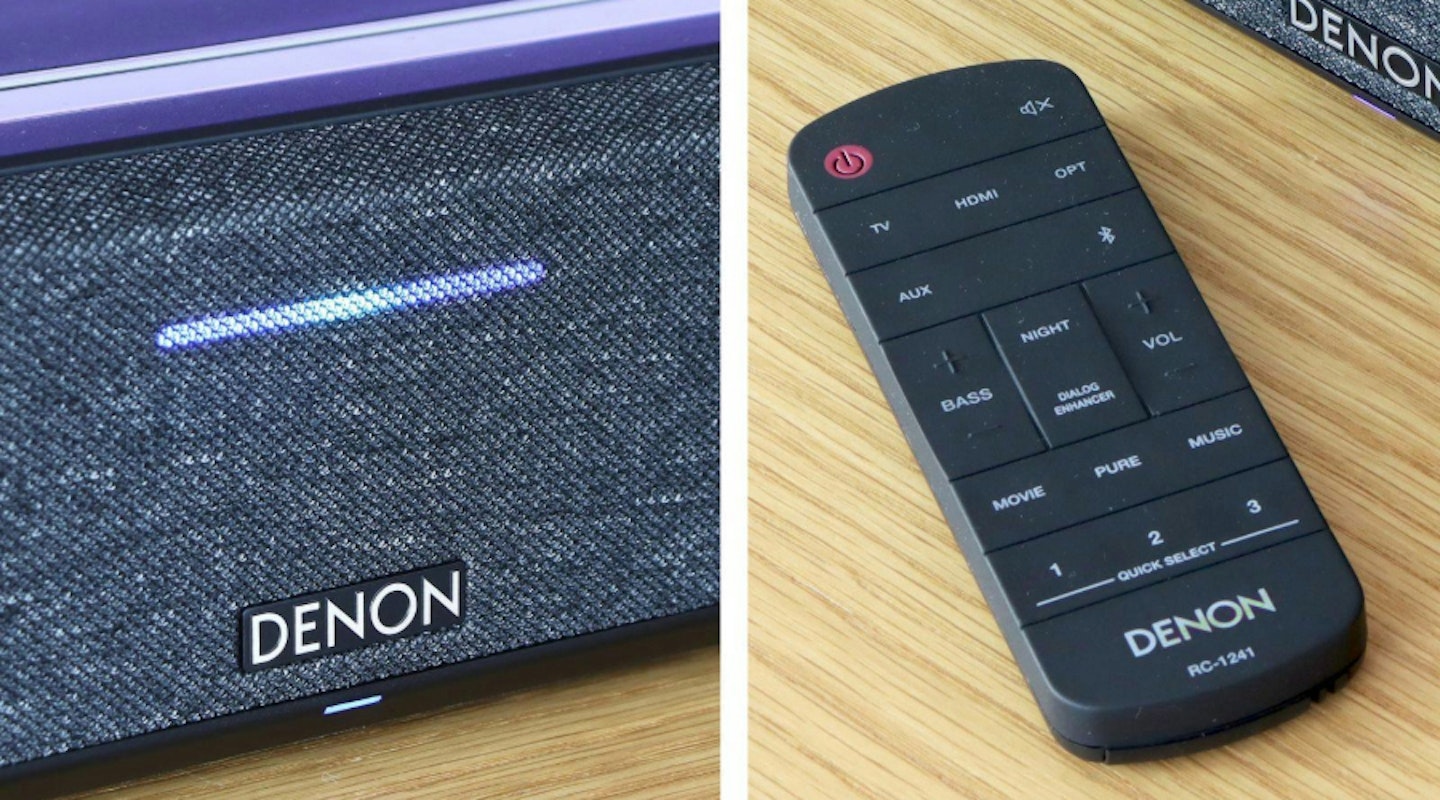 Best budget soundbar for wireless connectivity. Denon Home 550 Compact Sound Bar and remote control. Best budget soundbars.