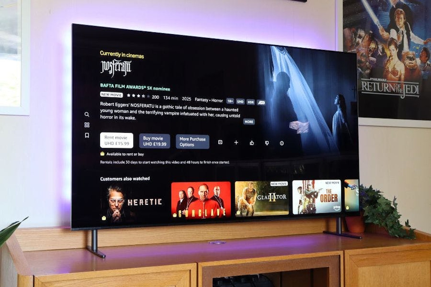 Best Sony 55-inch TV. Sony BRAVIA 8 OLED, K55XR80 on a unit in a lounge - Nosferatu. Best 55-inch TVs.