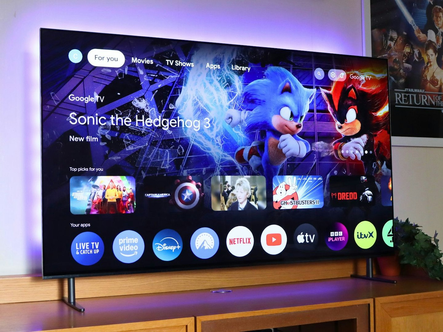 Sony Bravia 8 55-inch TV with menu showing Sonic The Hedgehog