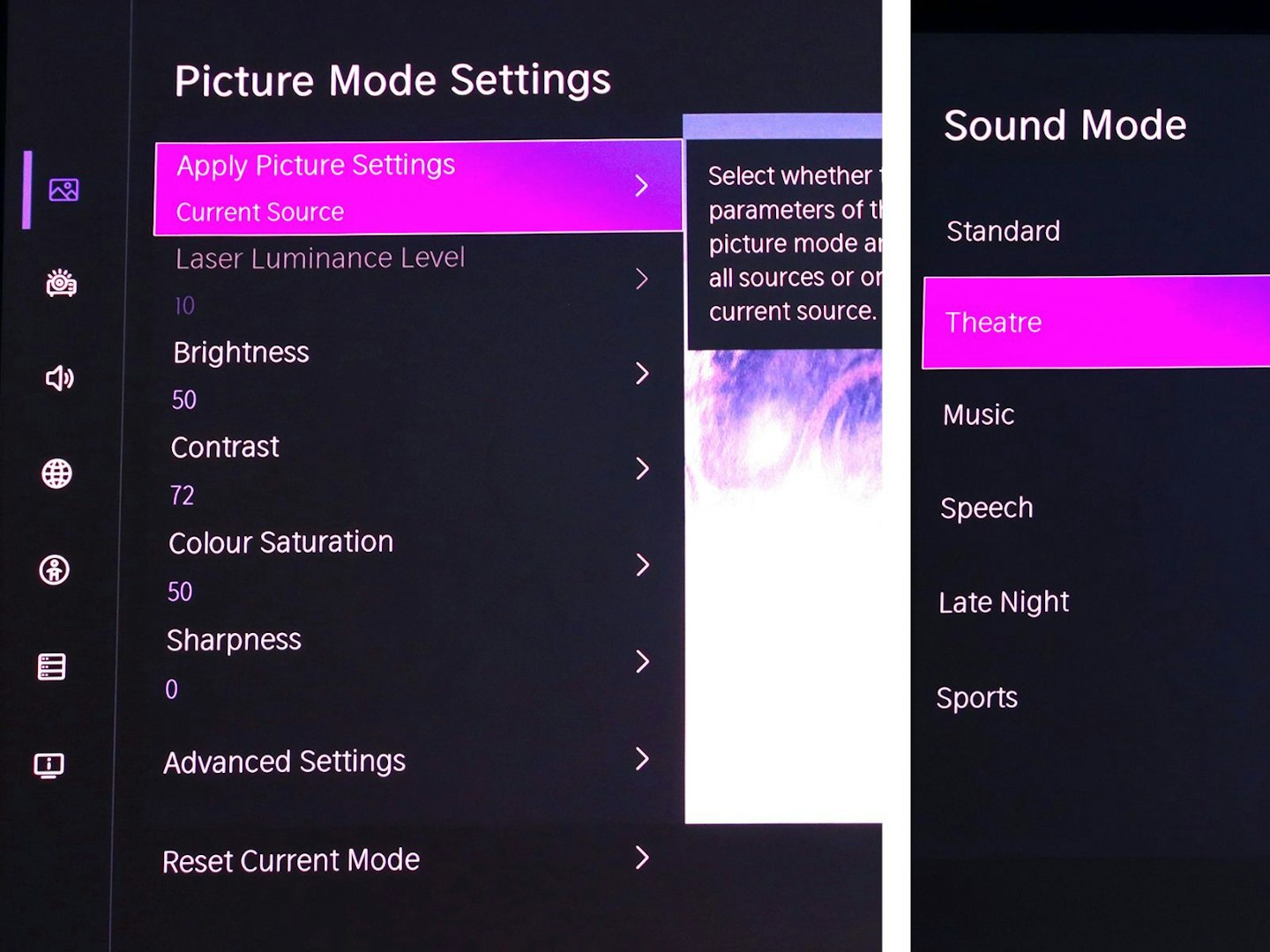 Hisense M2 Pro projector picture and sound menus