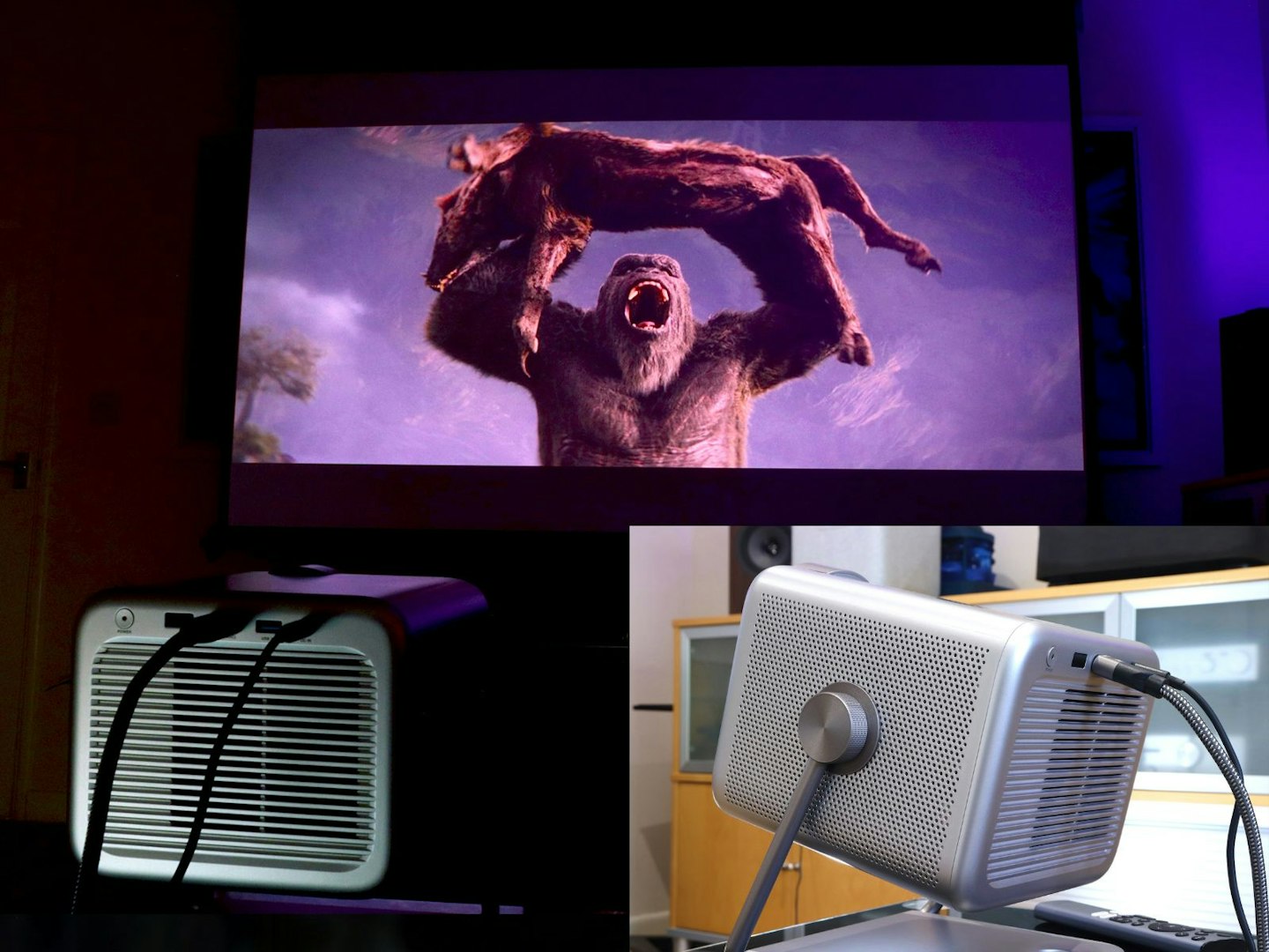 Kong scene with the Hisense M2 Pro projector in a home cinema, and side audio grille